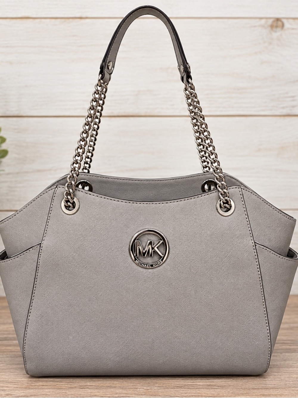 Michael Kors Gray Saffiano Textured Chain Tote Bag 25T5STVT3L